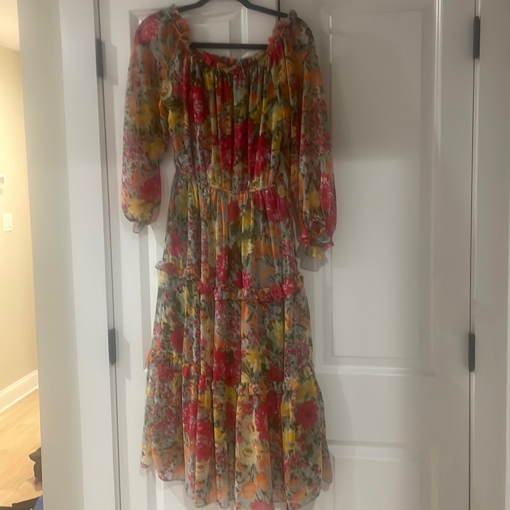 LC Lauren Conrad floral lined off the shoulder midi dress